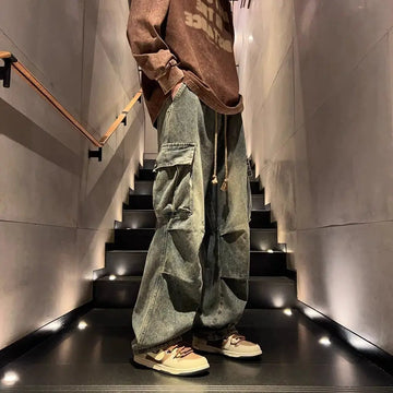 Riolio High street hip-hop men and women trendy personality large pocket straight leg washed denim jeans couple retro casual pants y2k